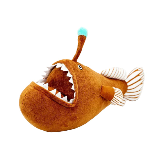 Melanocetus johnsonii humpback anglerfish plush toy on white background
