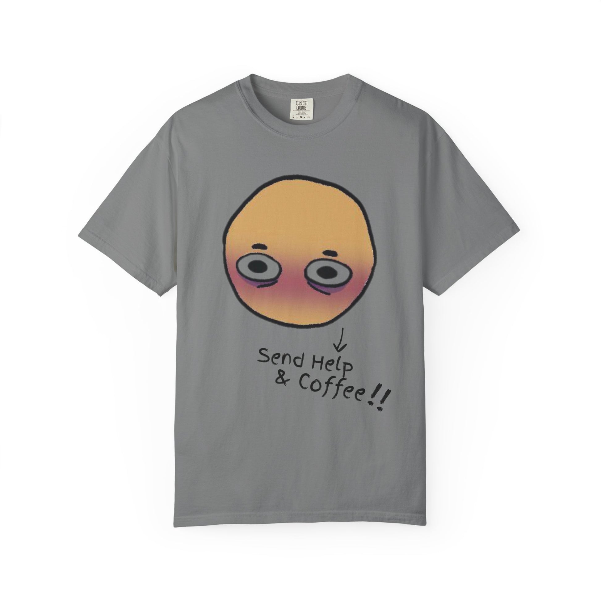 Meme tee flat lay on white background — Send Help and Coffee slogan