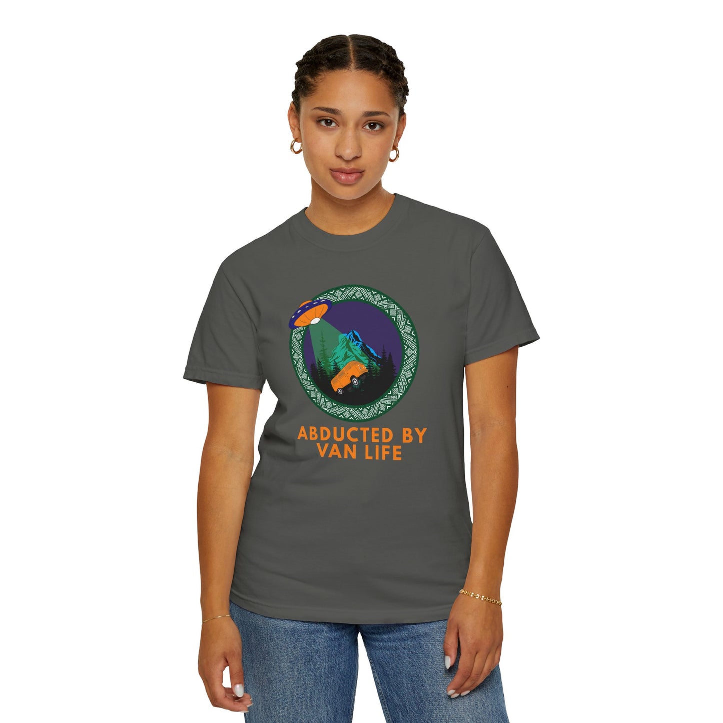 Men's van life T-shirt with bold UFO camper van graphic print front view