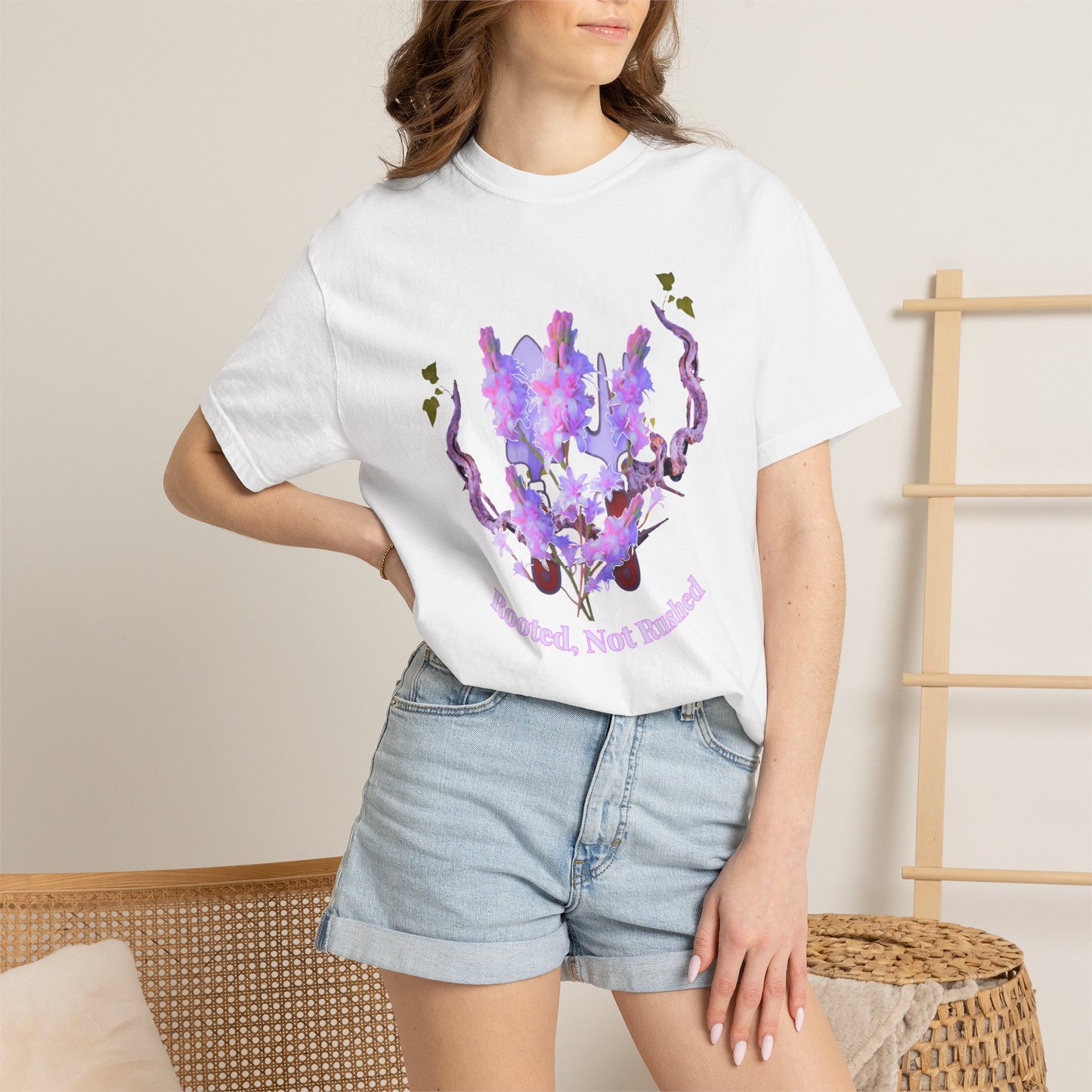 Mental health affirmation shirt featuring rooted not rootless watercolor print