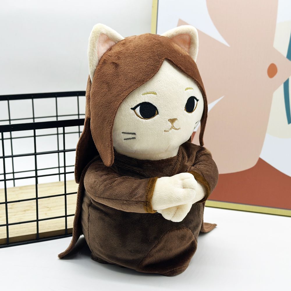 Meow-Na Lisa plush displayed on a wooden shelf, meme stuffed animal decor
