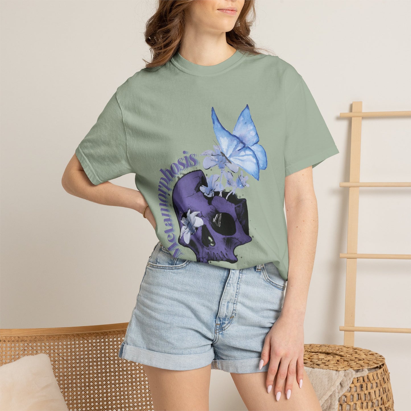 Metamorphosis T-Shirt worn with a woven basket of foraged herbs