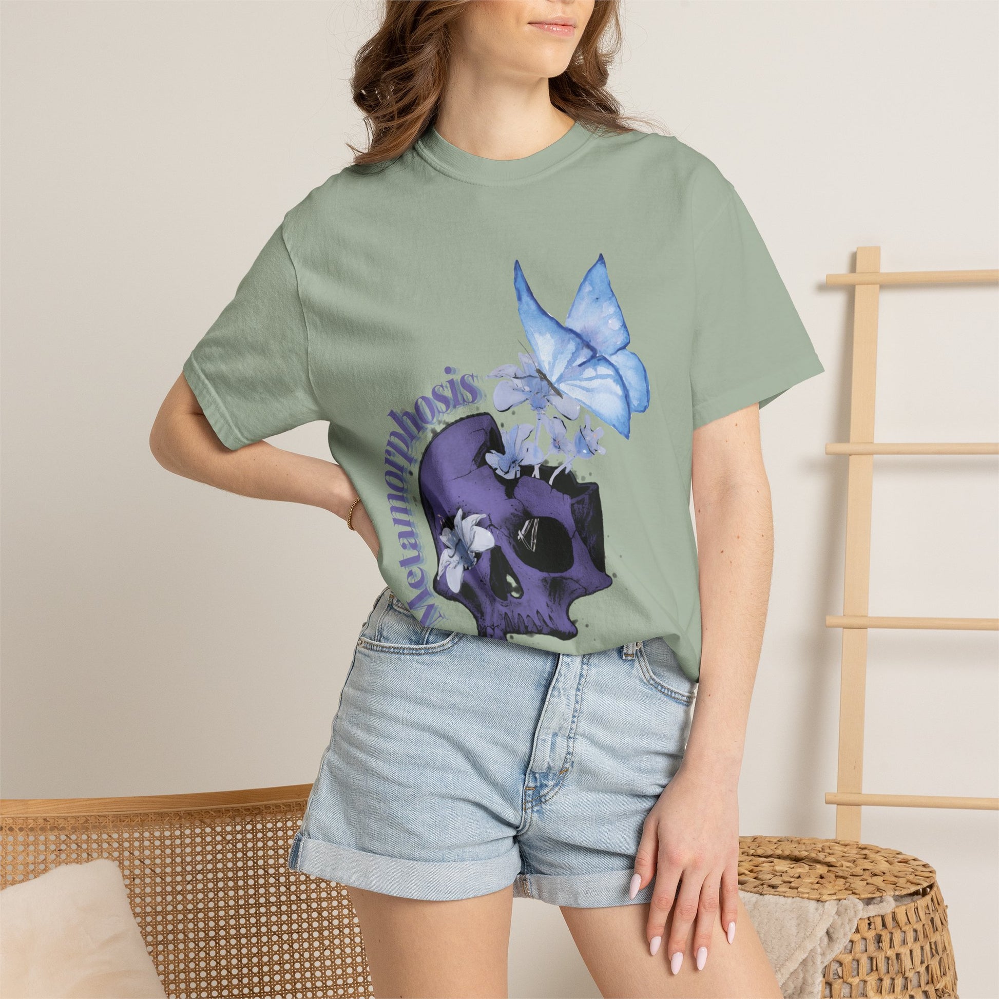 Metamorphosis T-Shirt worn with a woven basket of foraged herbs