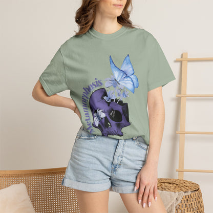 Metamorphosis T-Shirt worn with a woven basket of foraged herbs