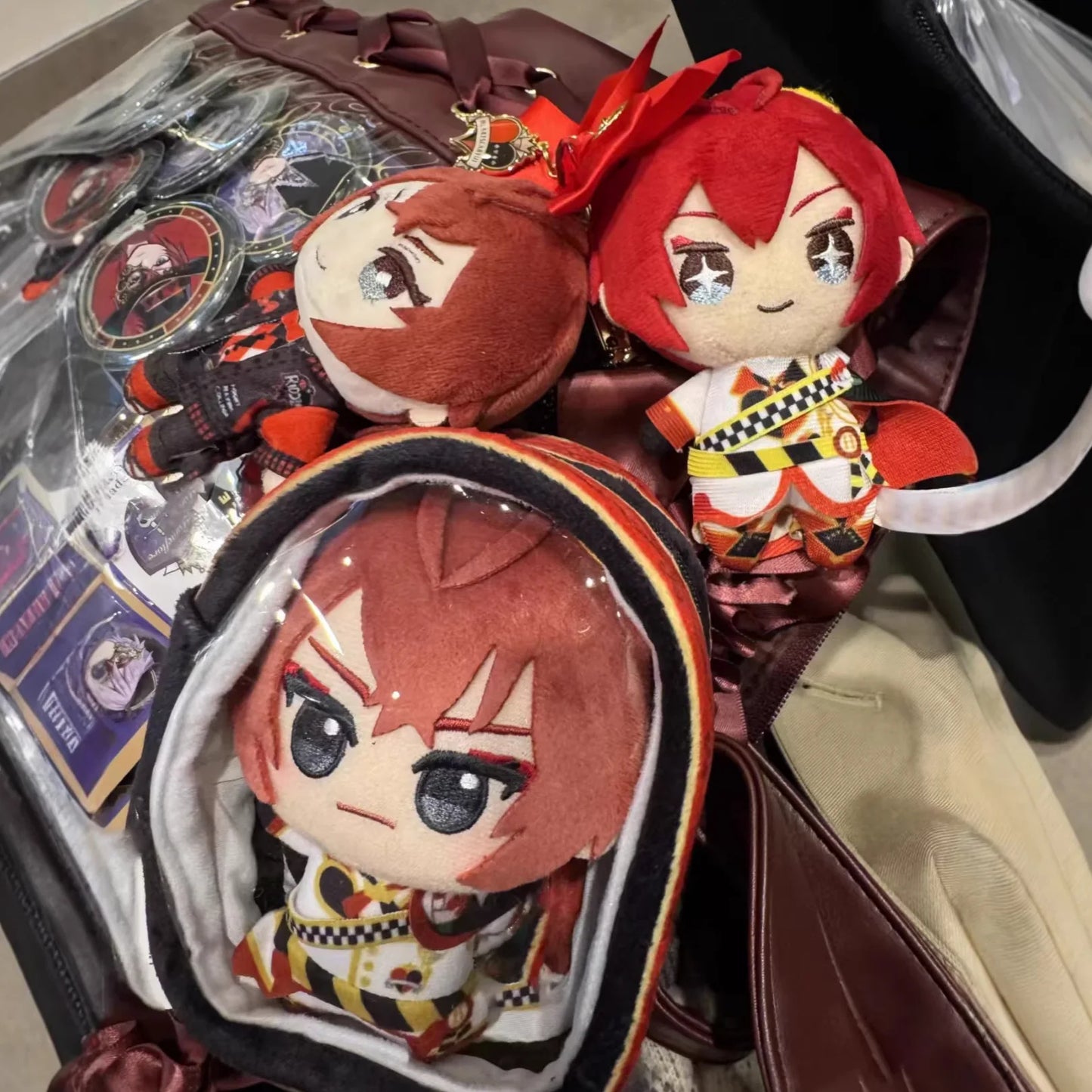 Miniature anime character plush with heart themed uniform collar
