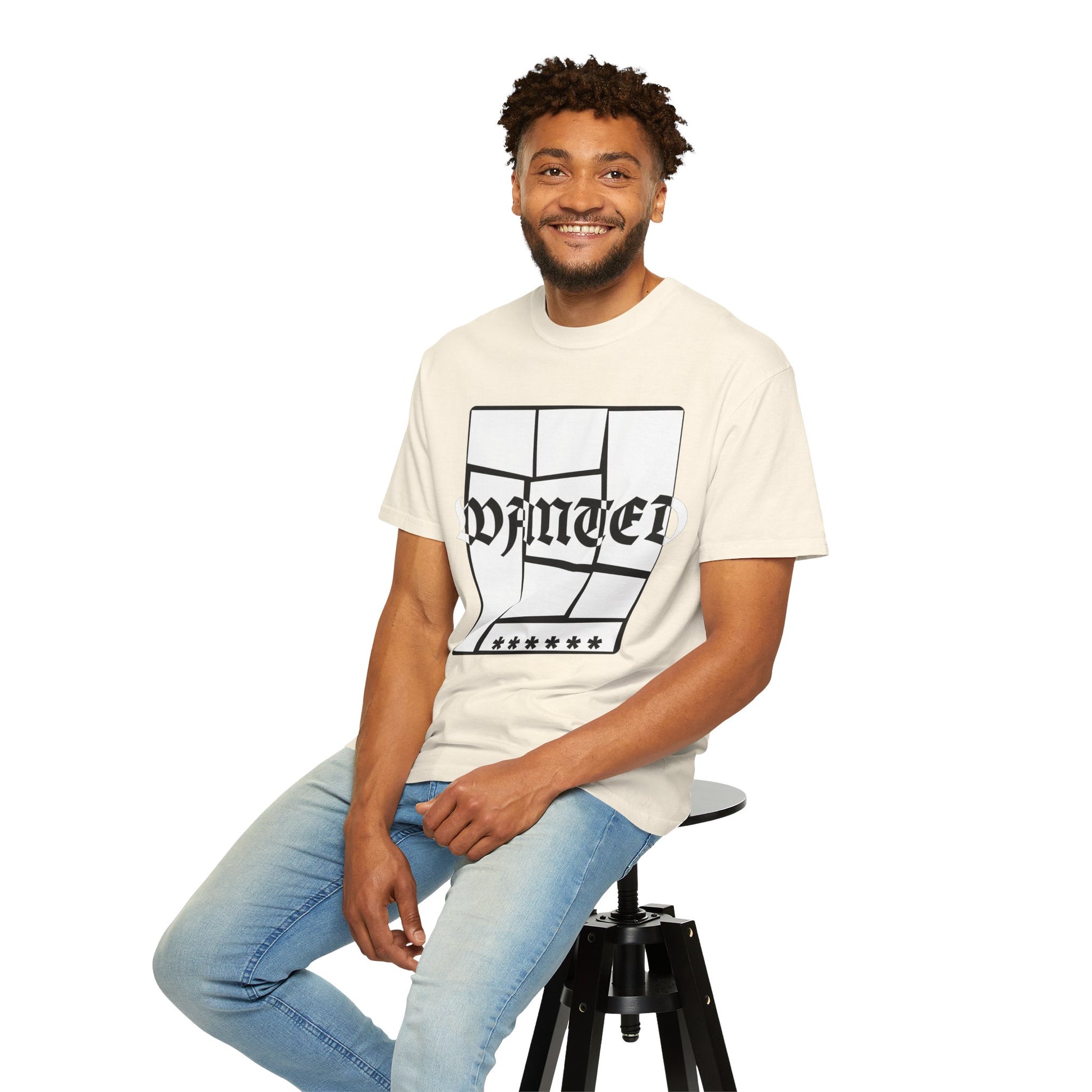 Minimalist WANTED poster tee with distorted Old English font in navy