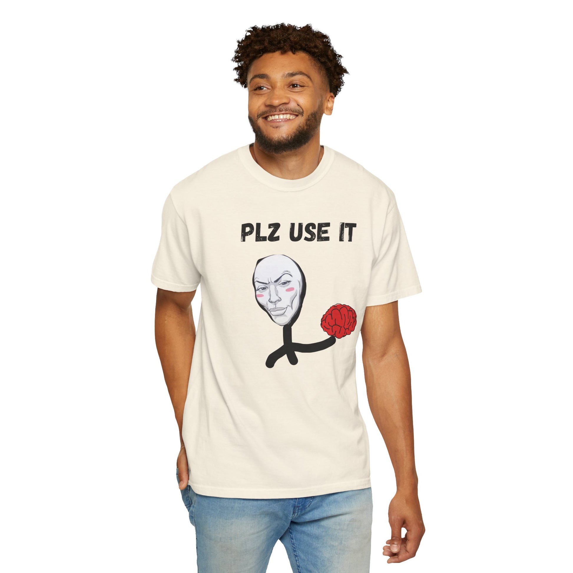 Minimalist brain graphic shirt with subtle wit caption on vintage-dyed fabric