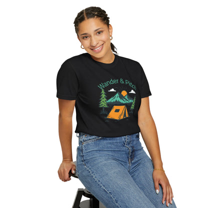 Minimalist flat lay of the camping printed unisex tee on a pure white background