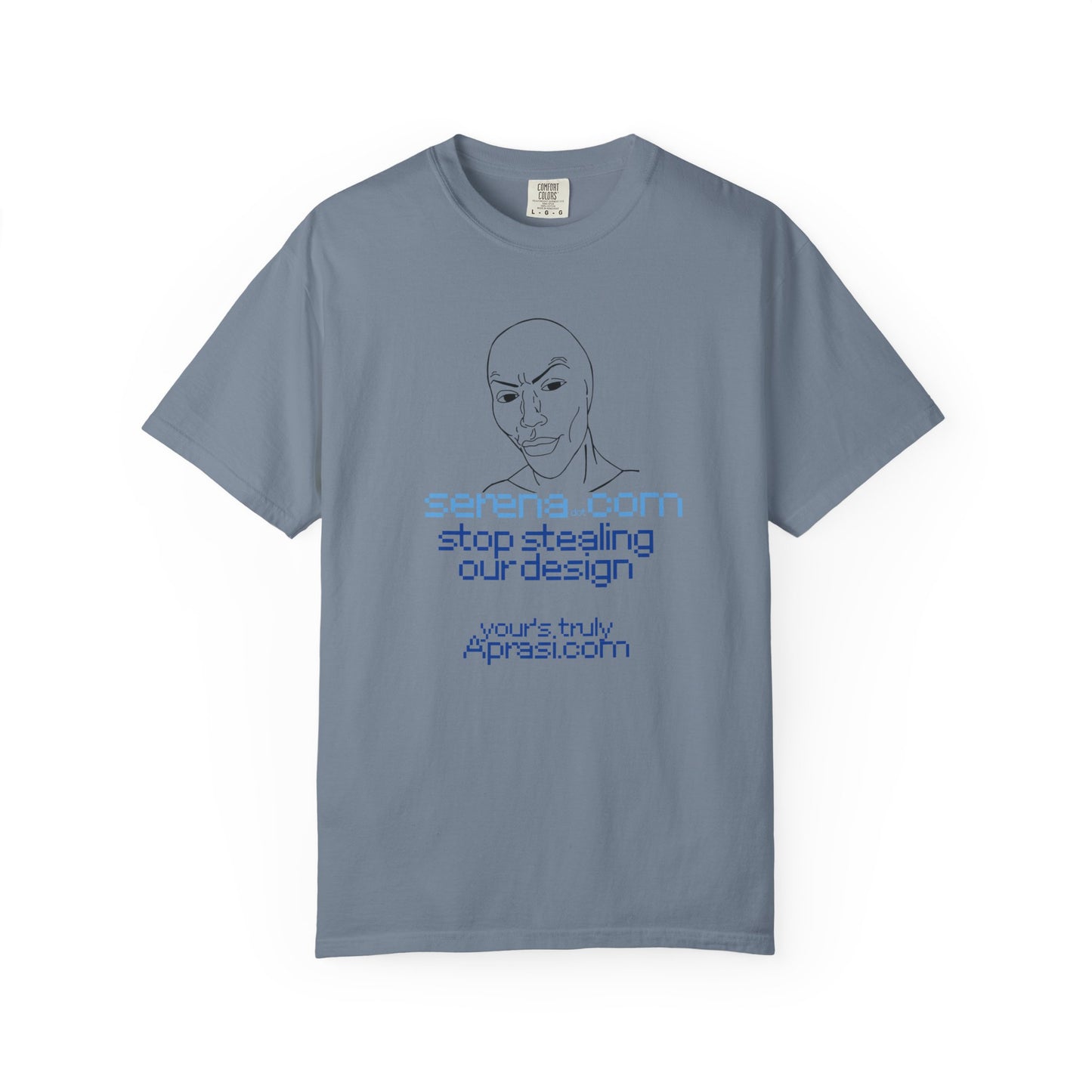 Minimalist line art tee close up hand drawn face illustration blue text detail
