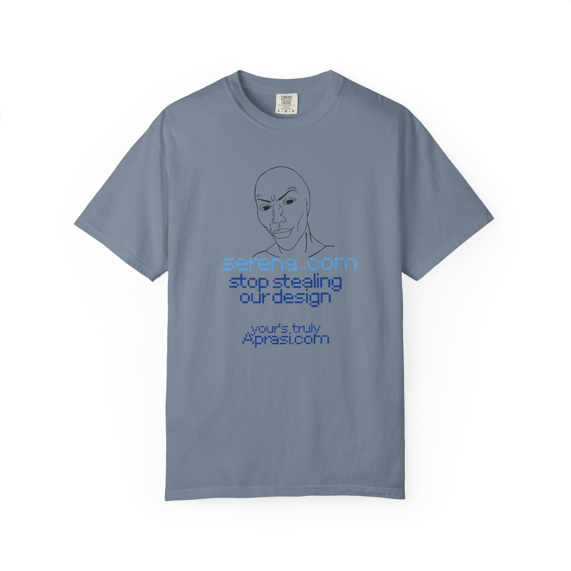 Minimalist line art tee close up hand drawn face illustration blue text detail
