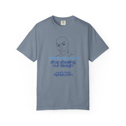 Minimalist line art tee close up hand drawn face illustration blue text detail
