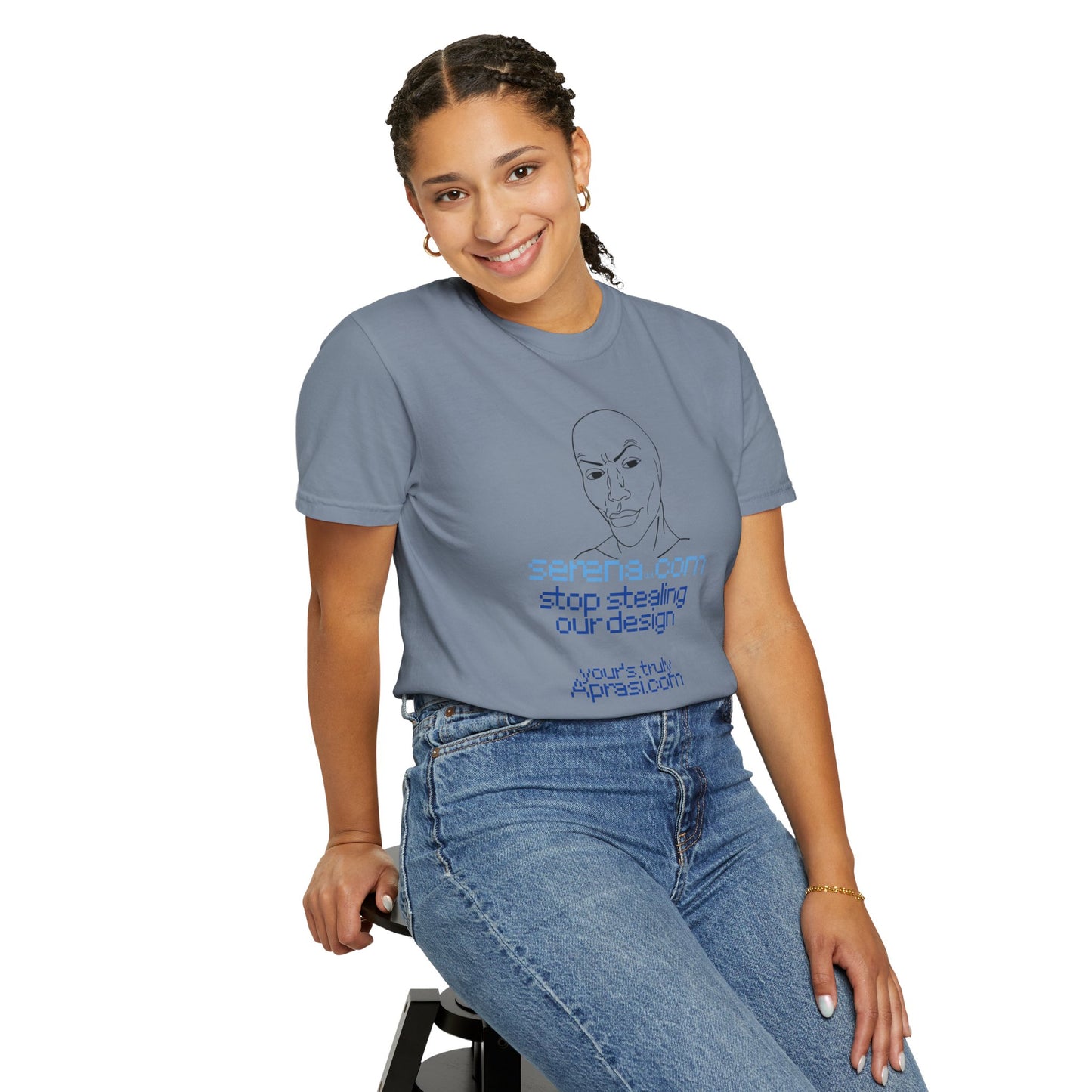 Minimalist line art tee front graphic close up hand drawn face blue type detail
