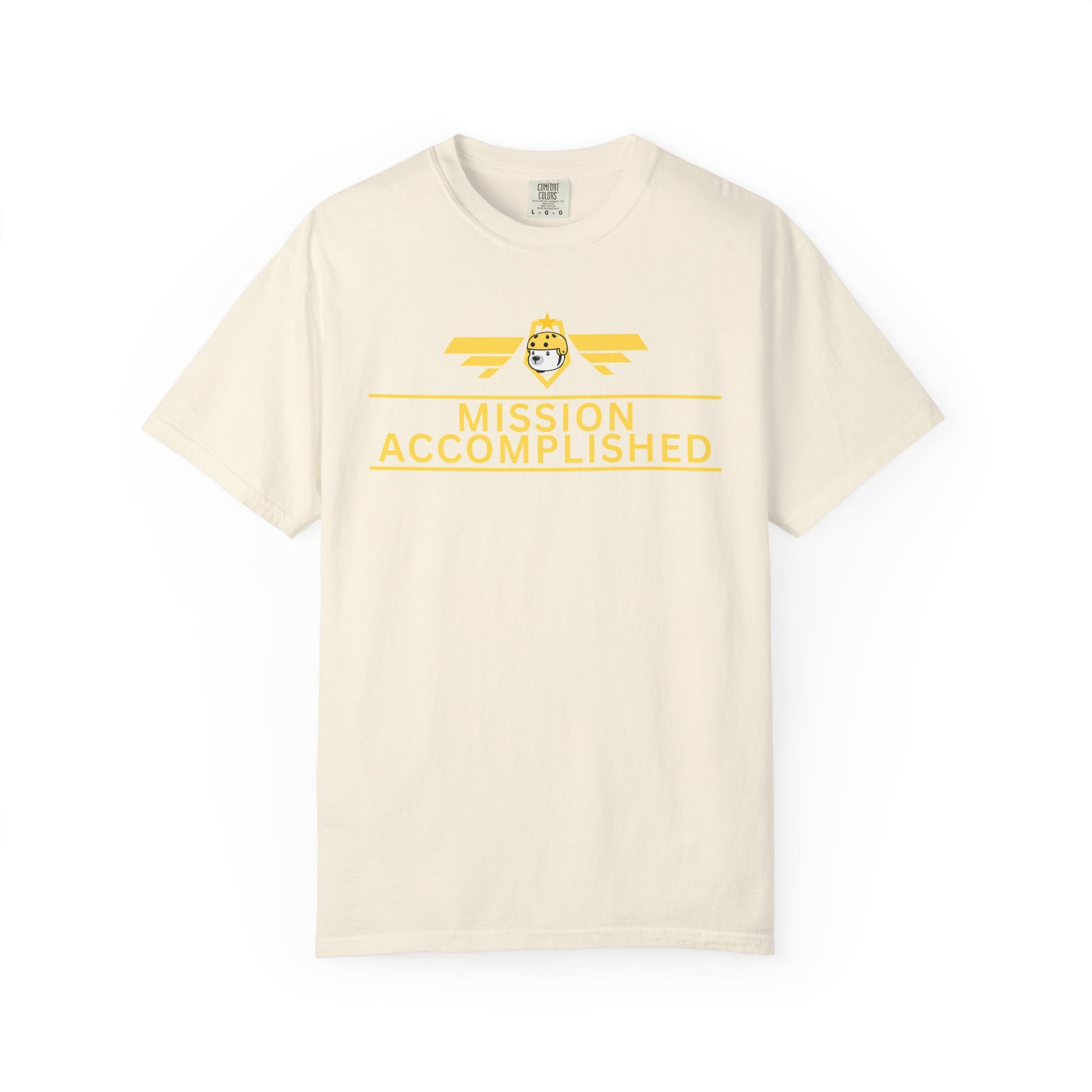 Mission Accomplished gaming tee on male model wearing Comfort Colors 1717