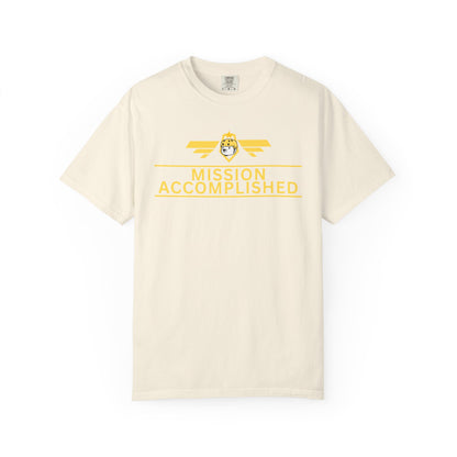 Mission Accomplished gaming tee on male model wearing Comfort Colors 1717
