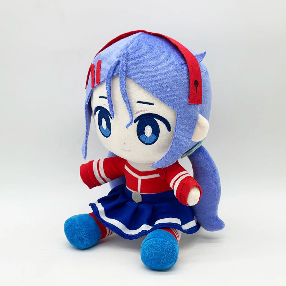 Mita plush doll with blue hair and red crop top from MiSide game