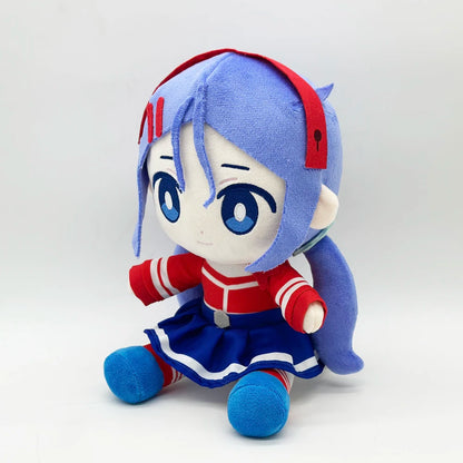Mita plush doll with blue hair and red crop top from MiSide game