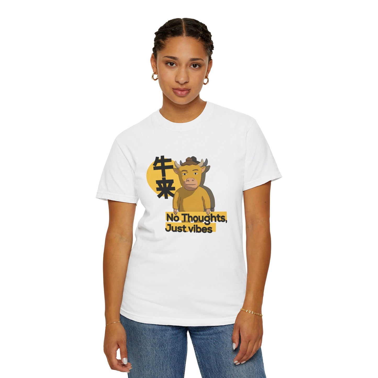 Model wearing Niu Lai graphic t-shirt in casual streetwear look