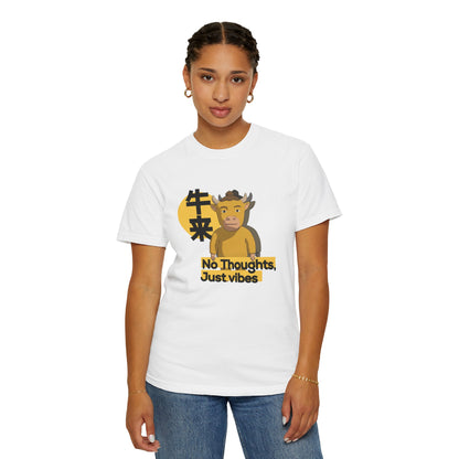 Model wearing Niu Lai graphic t-shirt in casual streetwear look