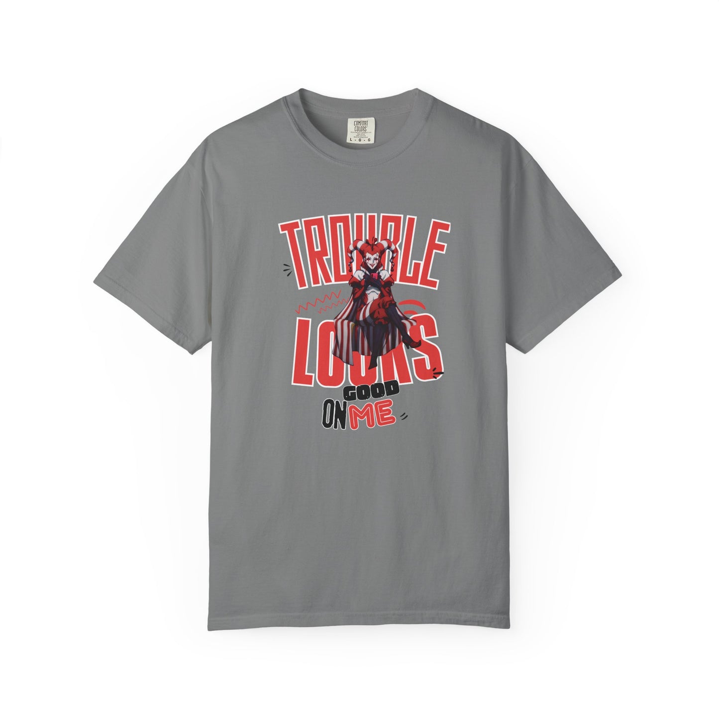 Model wearing Trouble Looks Good On Me tee with dark jeans, streetwear styled outfit
