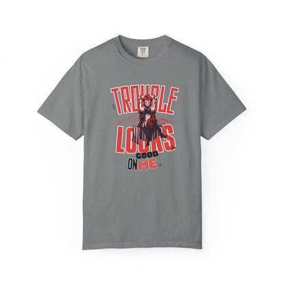 Model wearing Trouble Looks Good On Me tee with dark jeans, streetwear styled outfit
