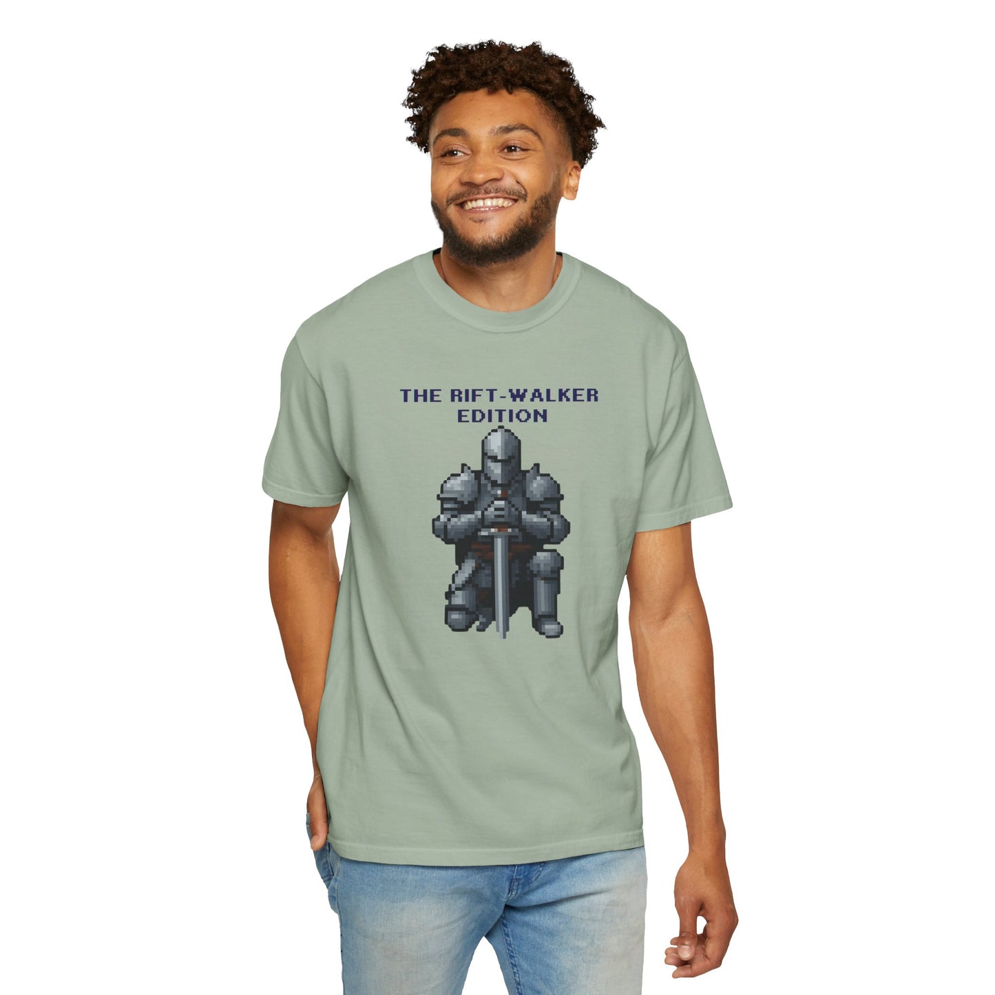 Model wearing the Rift-Walker pixel knight graphic tee with denim for casual streetwear
