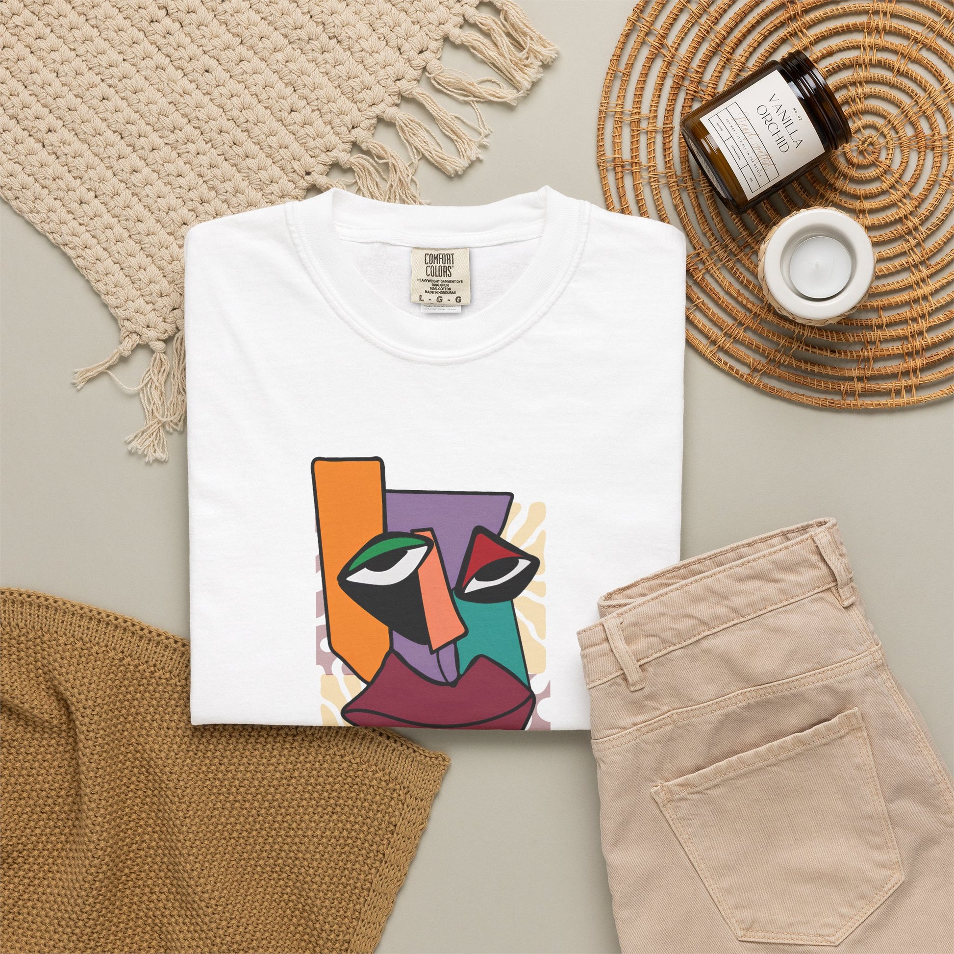 Modern art clothing for artists featuring colorful cubist face and Creative Chaos declaration