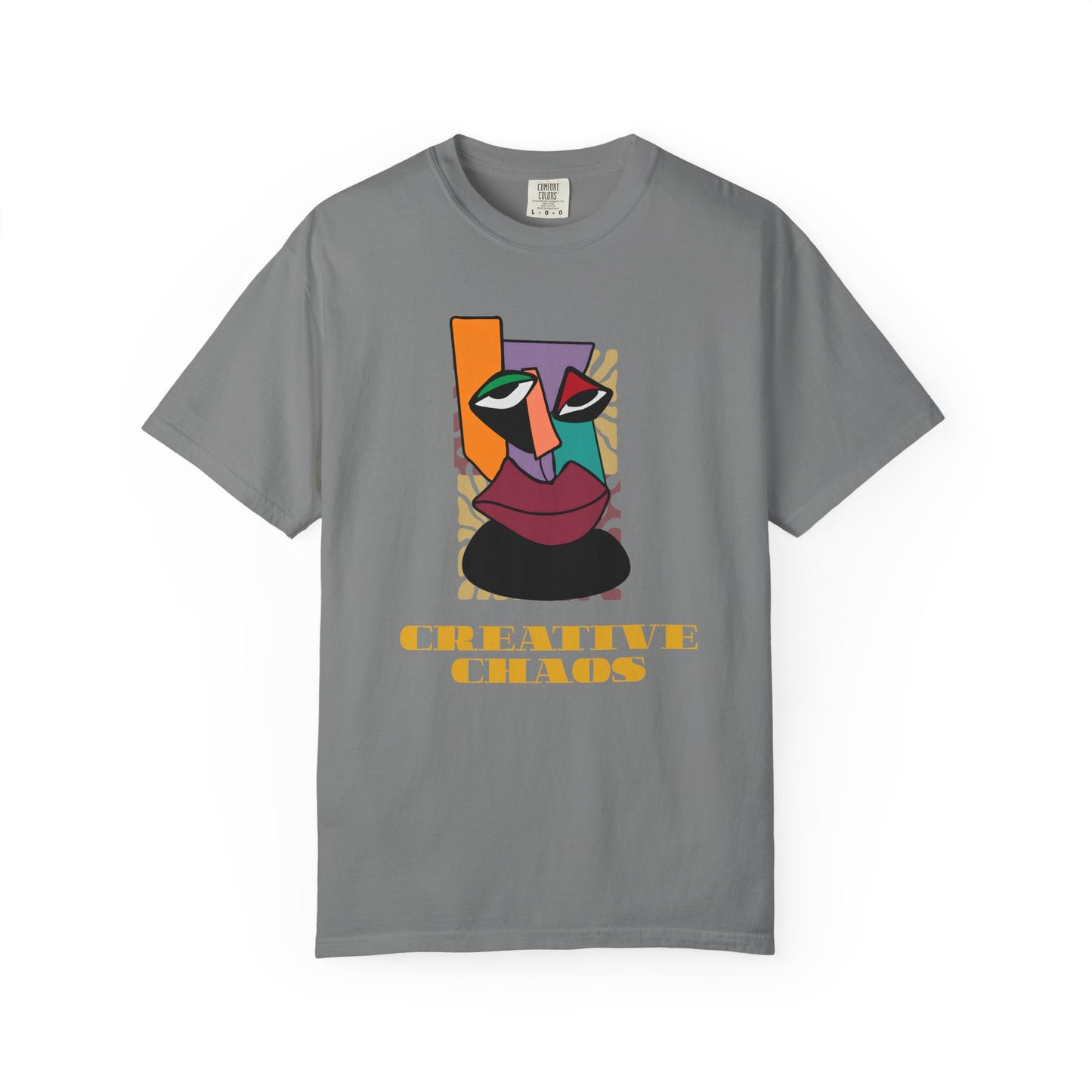 Modern art graphic tee in orange, purple, teal, red and gold