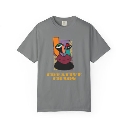 Modern art graphic tee in orange, purple, teal, red and gold