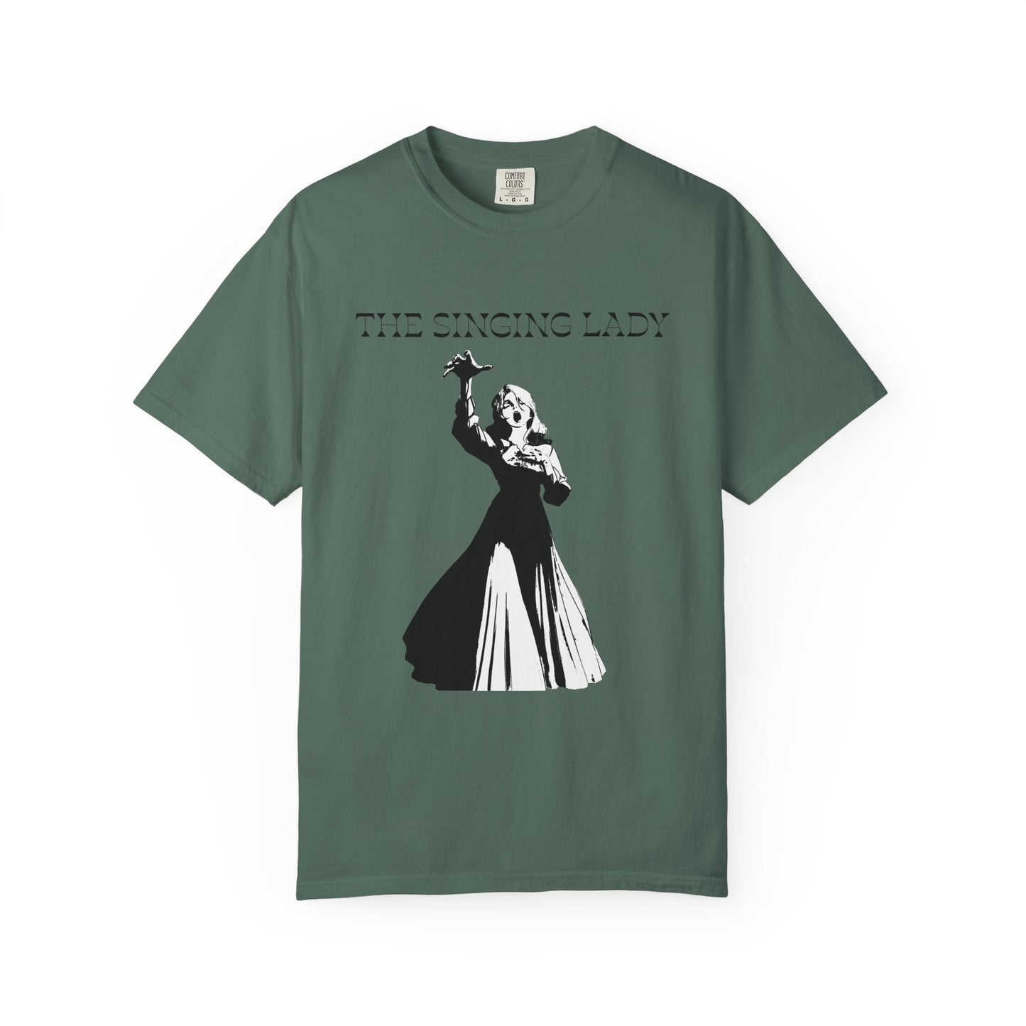 Monochrome graphic tee with a swanning operatic silhouette design
