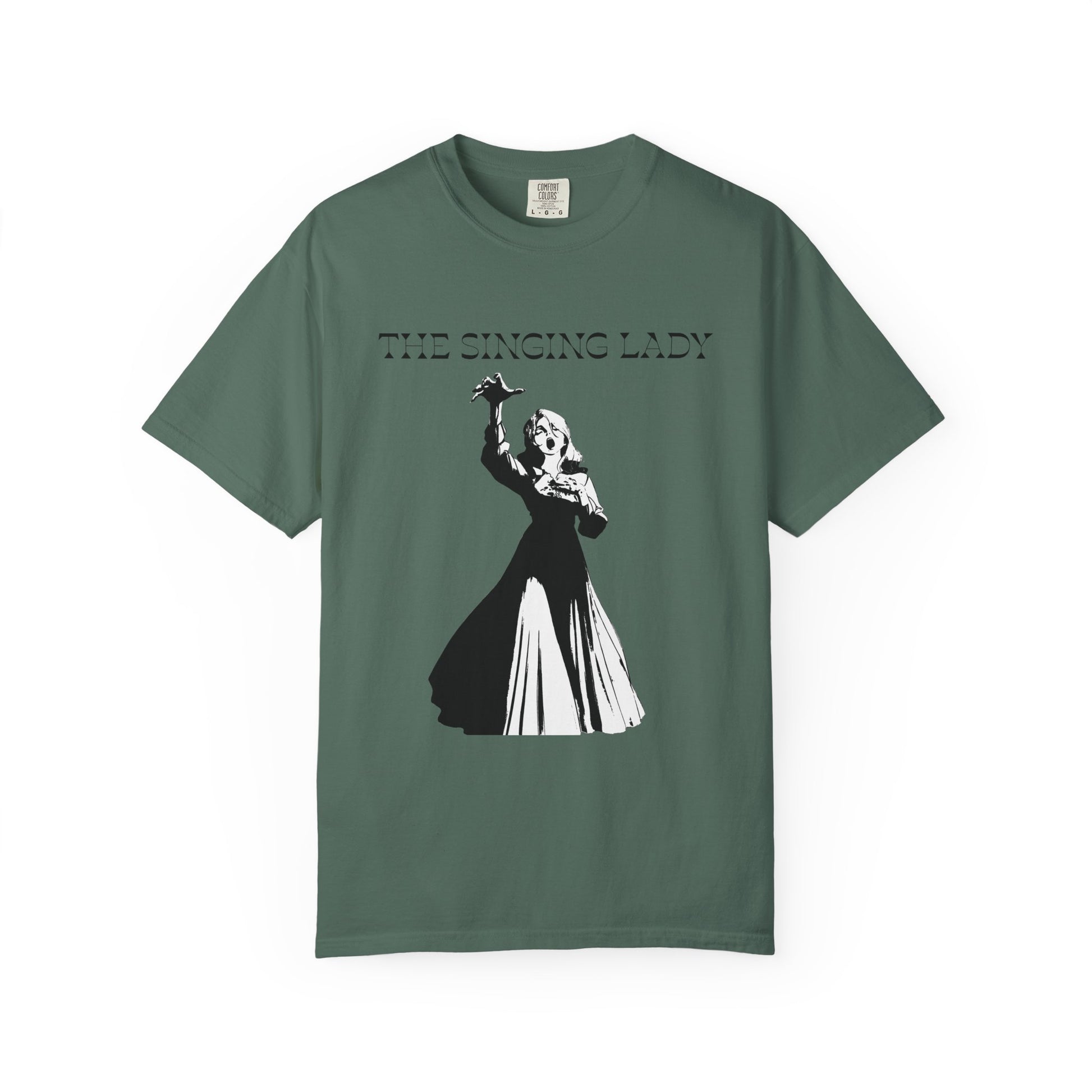 Monochrome graphic tee with a swanning operatic silhouette design
