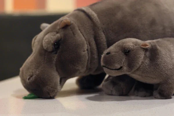 Moo Deng and mom hippo plush set side profile view, 32cm cuddly pygmy hippopotamus stuffed animals
