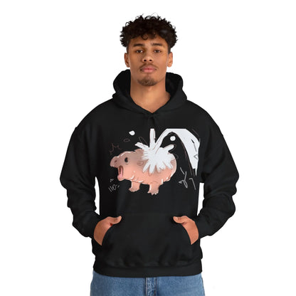 Moo Deng baby hippo hoodie worn casual outdoor setting, unisex animal lover sweatshirt
