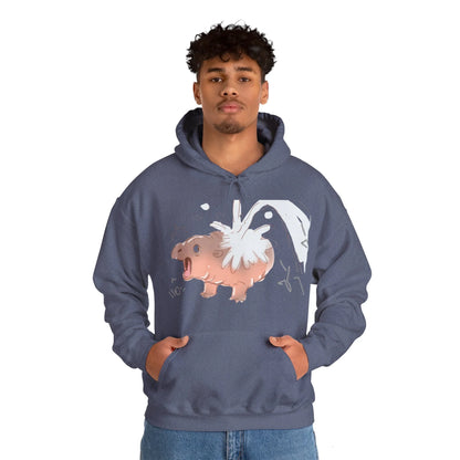 Moo Deng graphic hoodie worn model three-quarter angle, internet-famous Thai zoo hippo fan apparel
