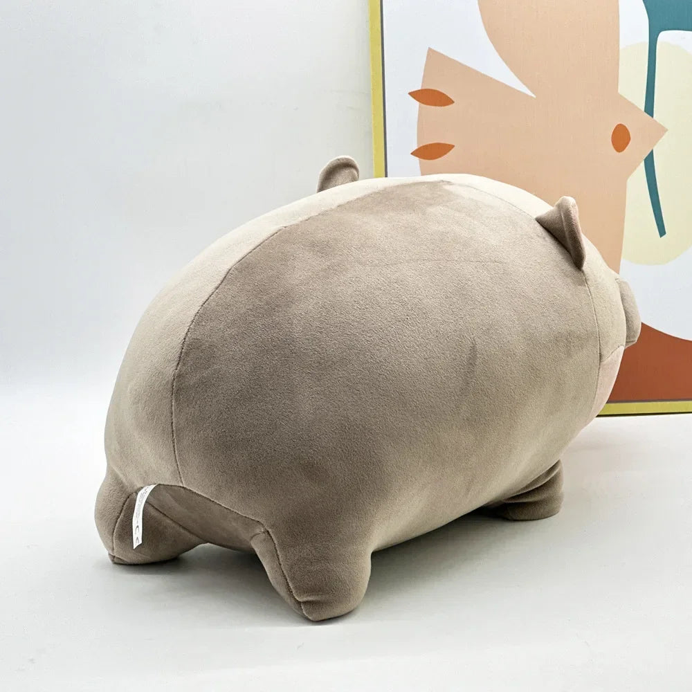 Moo Deng hippo plush standing upright, stubby legs and rounded body shape capturing baby pygmy hippo proportions
