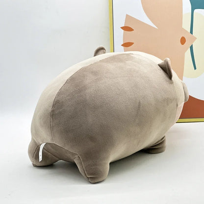 Moo Deng hippo plush standing upright, stubby legs and rounded body shape capturing baby pygmy hippo proportions
