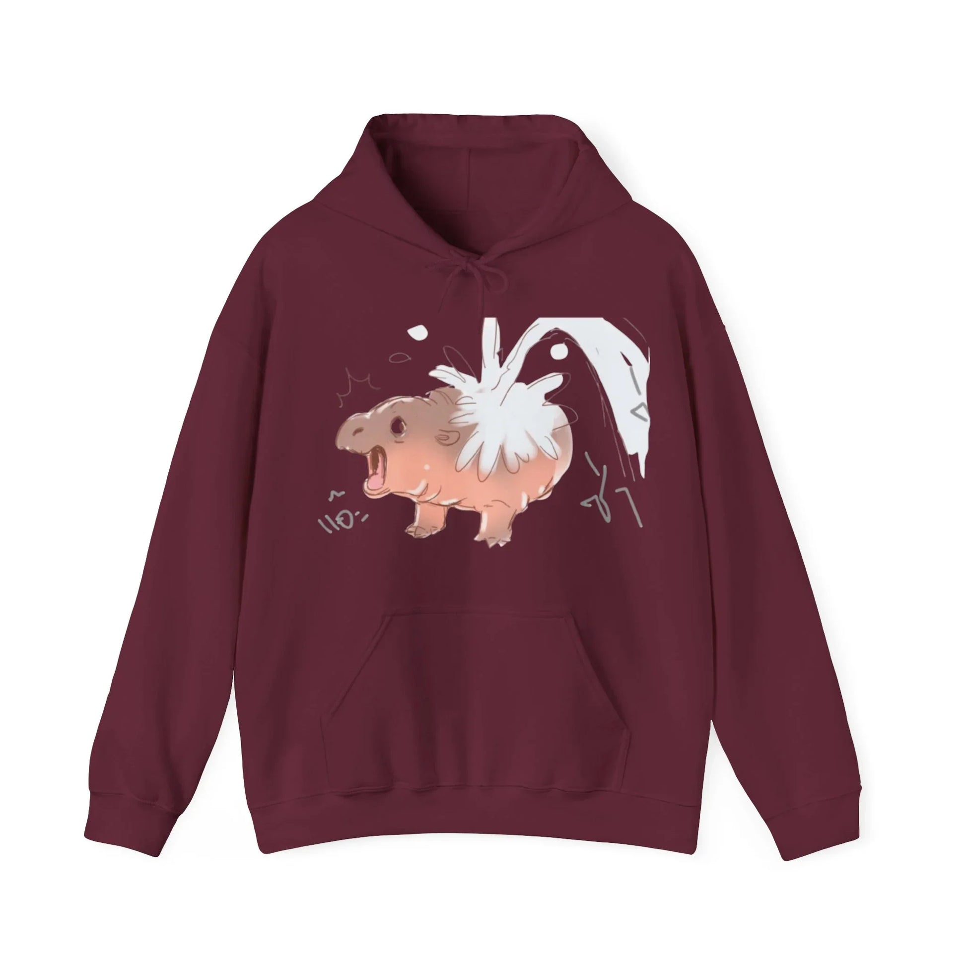 Moo Deng hooded sweatshirt front view, viral baby pygmy hippo graphic unisex hoodie
