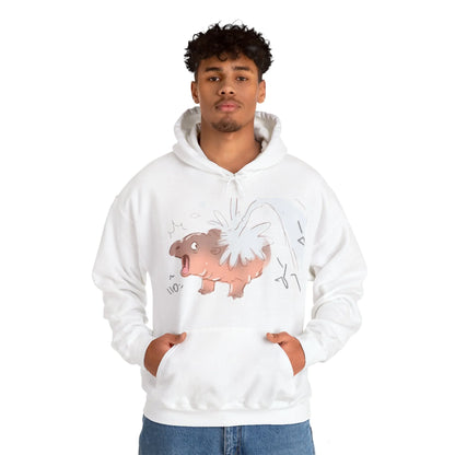 Moo Deng hooded sweatshirt side profile view showing hood construction and sleeve length
