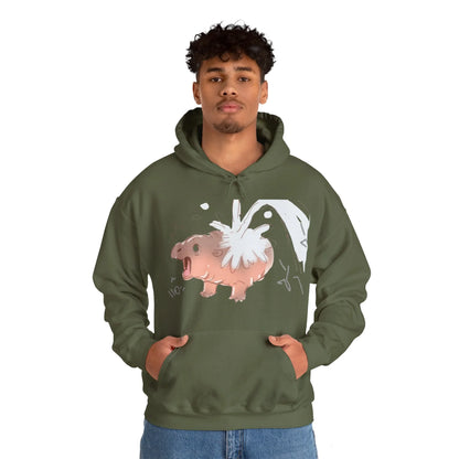 Moo Deng hooded sweatshirt size S laid flat with measurements reference, pygmy hippo graphic tee alternative
