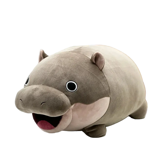 Moo Deng plush lying on its side, showing full 42cm length, soft gray plush exterior and round belly
