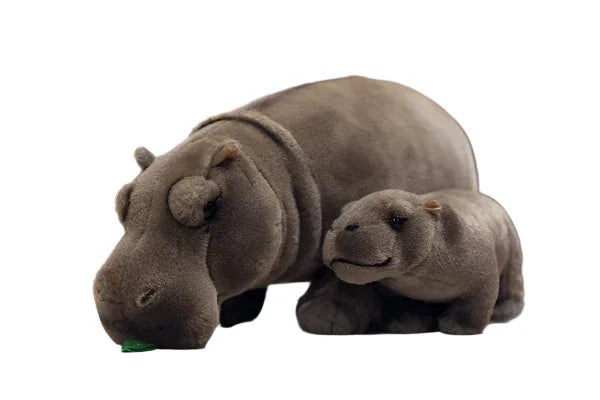 Moo Deng plushie and mom hippo plush angled three-quarter view, endangered species awareness collectible
