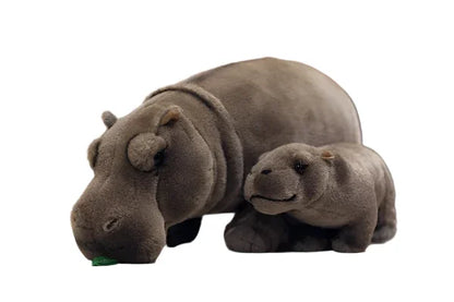Moo Deng plushie and mom hippo plush angled three-quarter view, endangered species awareness collectible
