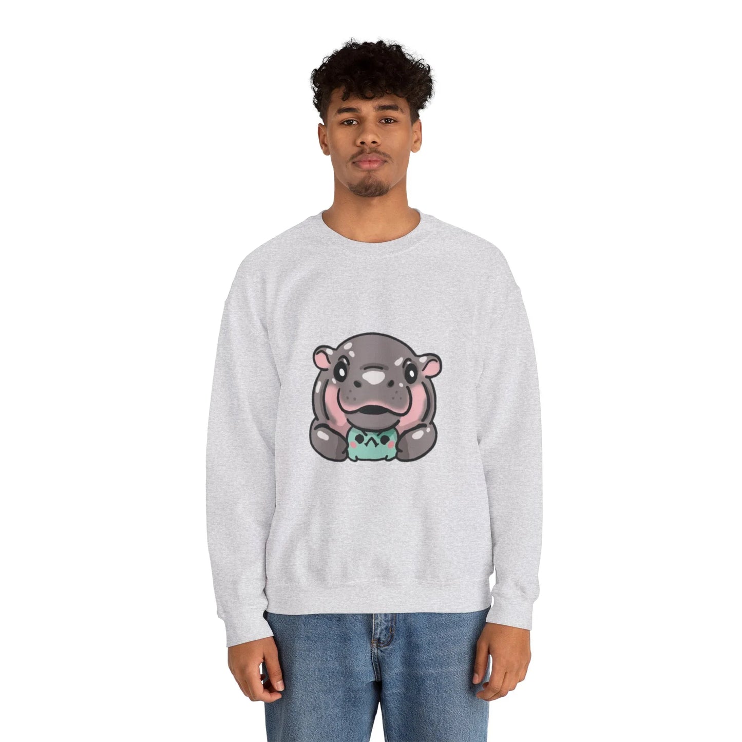 Moo Deng pygmy hippo crewneck sweatshirt draped over chair lifestyle shot
