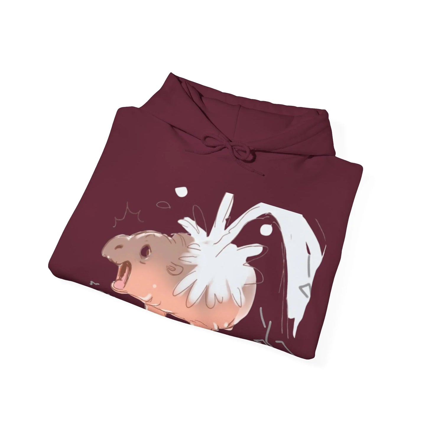 Moo Deng pygmy hippo hoodie worn model back view, unisex medium-heavy fabric sweatshirt
