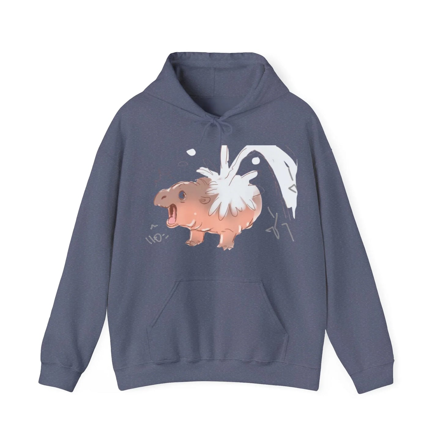 Moo Deng sweatshirt close-up graphic print detail, baby pygmy hippo design on chest
