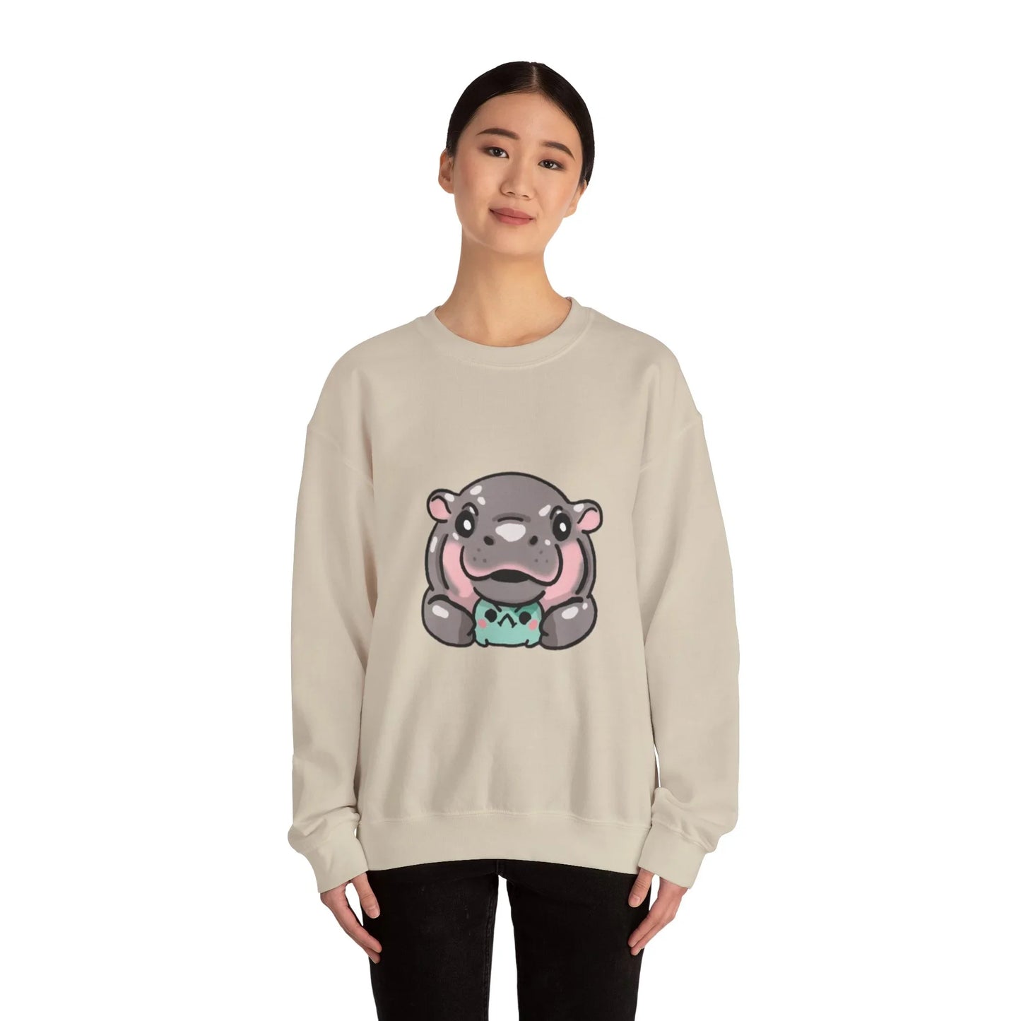 Moo Deng sweatshirt double-needle stitched hem and sleeve cuff detail
