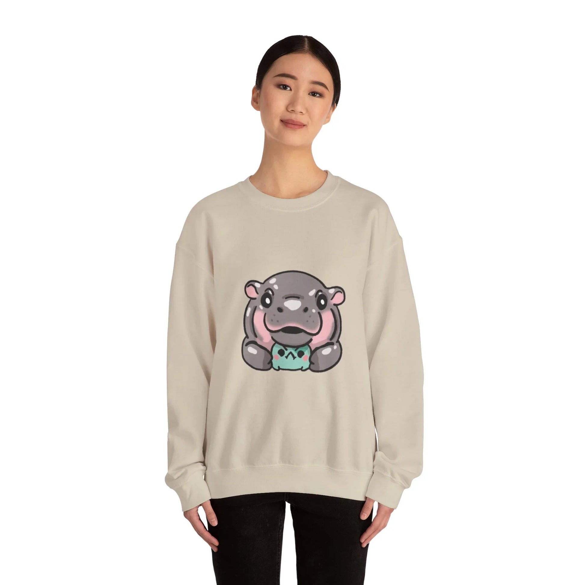 Moo Deng sweatshirt double-needle stitched hem and sleeve cuff detail

