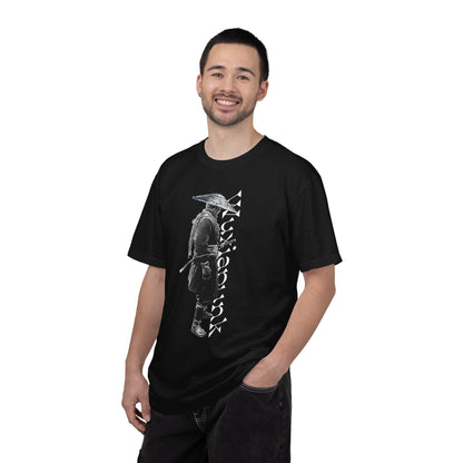 Moody wuxia swordsman straw hat graphic heavyweight garment dyed cotton tee