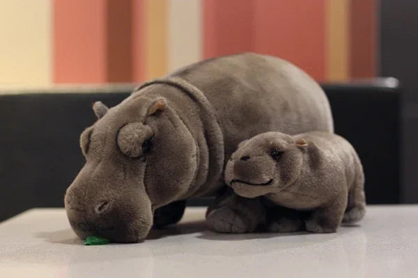 Mother and baby hippo plush set close-up showing exquisite stitching and workmanship detail
