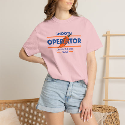 Motorsports enthusiast tee showcasing a chili pepper mascot and clever grid pun