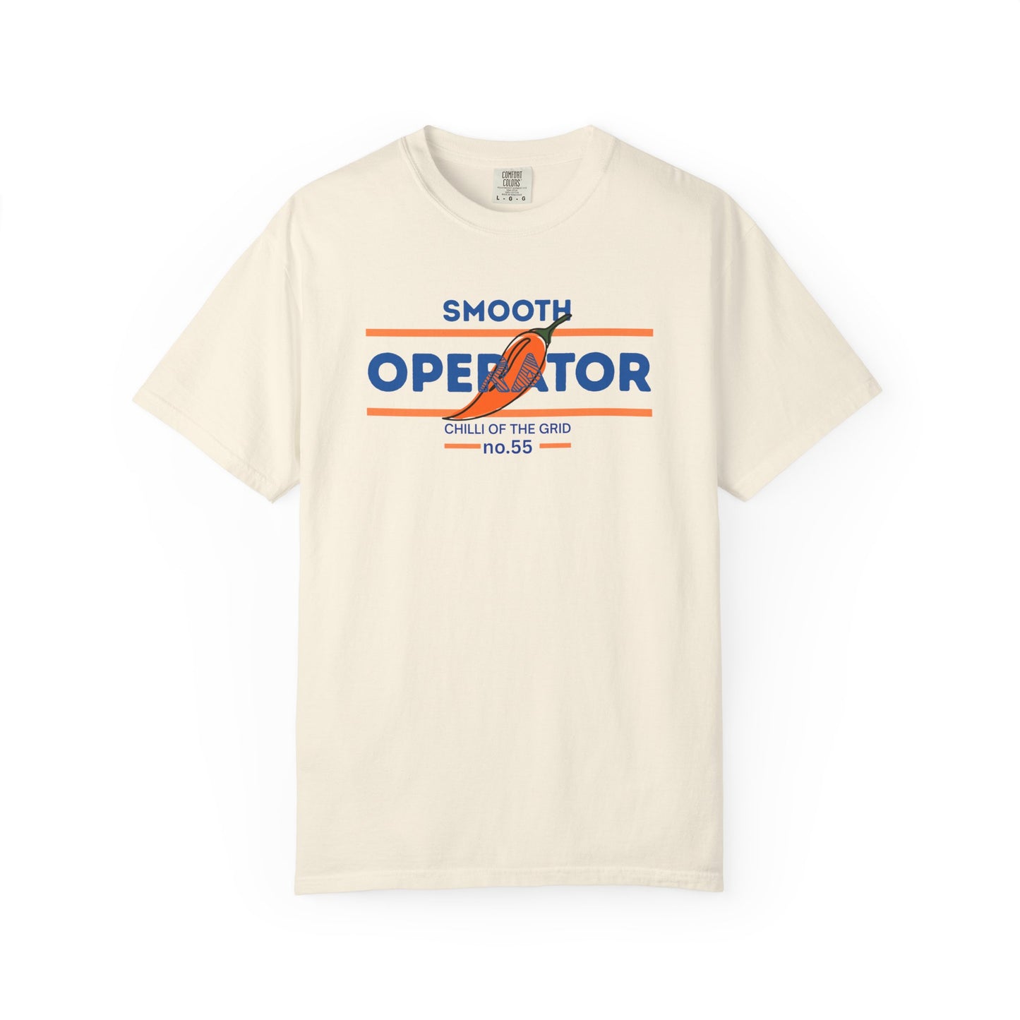 Motorsports inspired graphic tee with a spicy chili pepper and Smooth Operator lettering